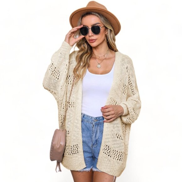 Cream Casual Hollowed Knit Dolman Sleeve Cardigan - Picture 10 of 11